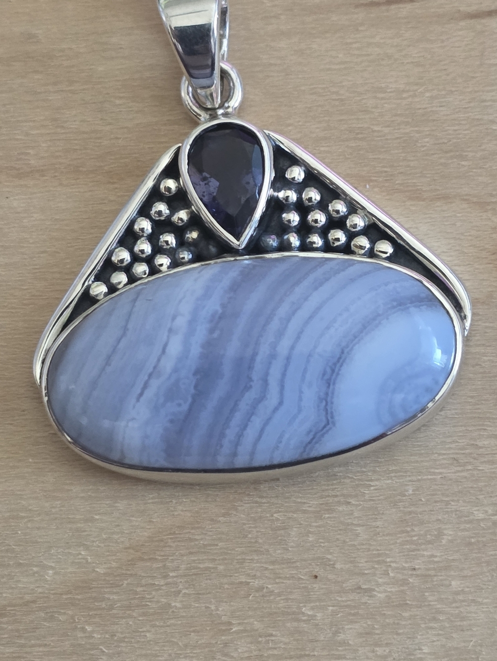 Sterling Silver Blue Lace Agate and Iolite Pendant.
